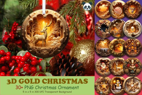 3D Gold Christmas Ornament Bundle for Crafts