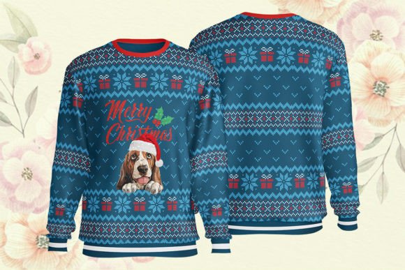Basset Hound AOP Christmas Ugly Sweater for T-Shirt Designs
