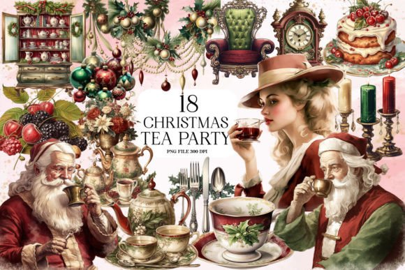 Watercolor Christmas Tea Party Clipart & Illustrations
